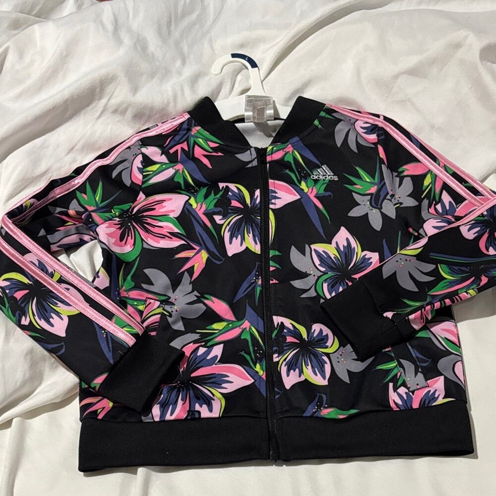 Adidas Kids Floral track Jacket 10/12- Black, Pink, and Green euc like new
